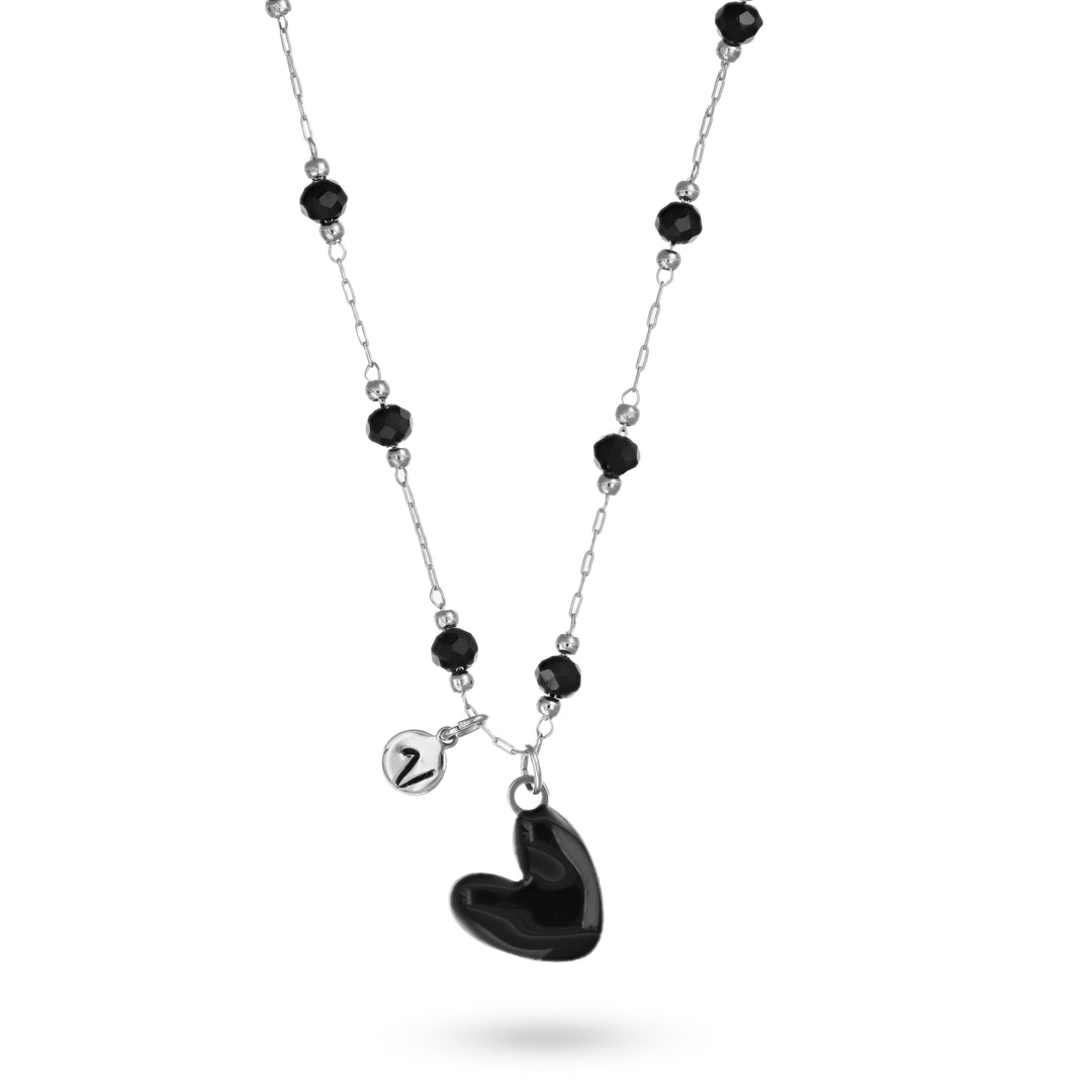 Collana con cuore nero e iniziale in acciaio