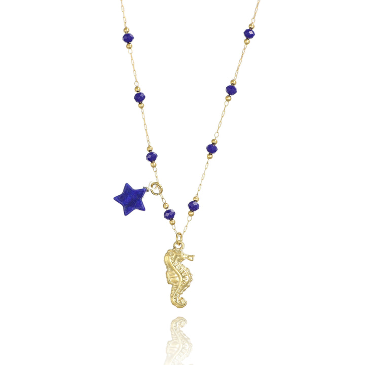 Collana cavalluccio marino e stellina in lapis blu in acciaio dorato