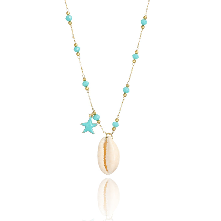 Collana conchiglia e stellina smaltata turchese in acciaio dorato