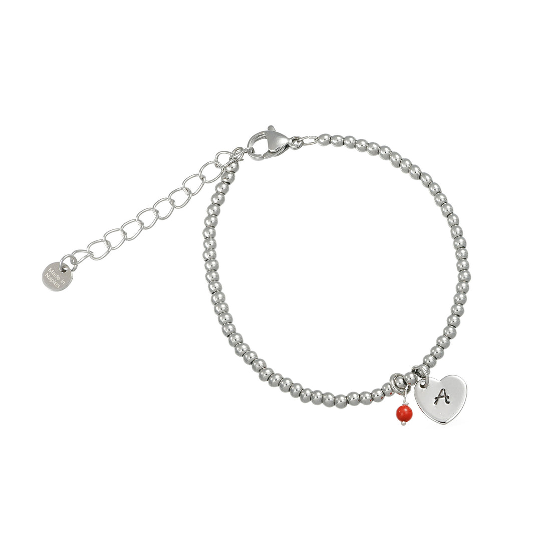 Bracciale con cuore in acciaio rodiato e pallini di corallo bambù