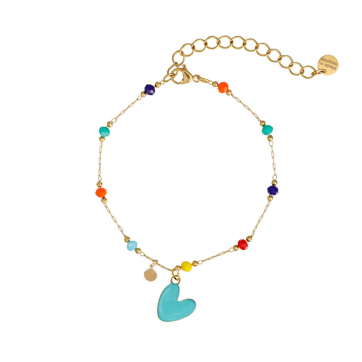 Bracciale multicolor con cuore turchese e iniziale in acciaio dorato
