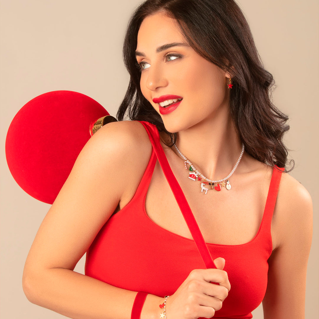 Collana bianco natale con perline swarovski in acciaio dorato