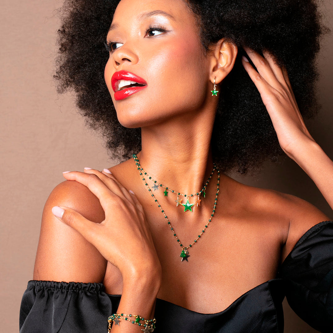 Collana alberello catena cristalli verde e iniziale in acciaio dorato