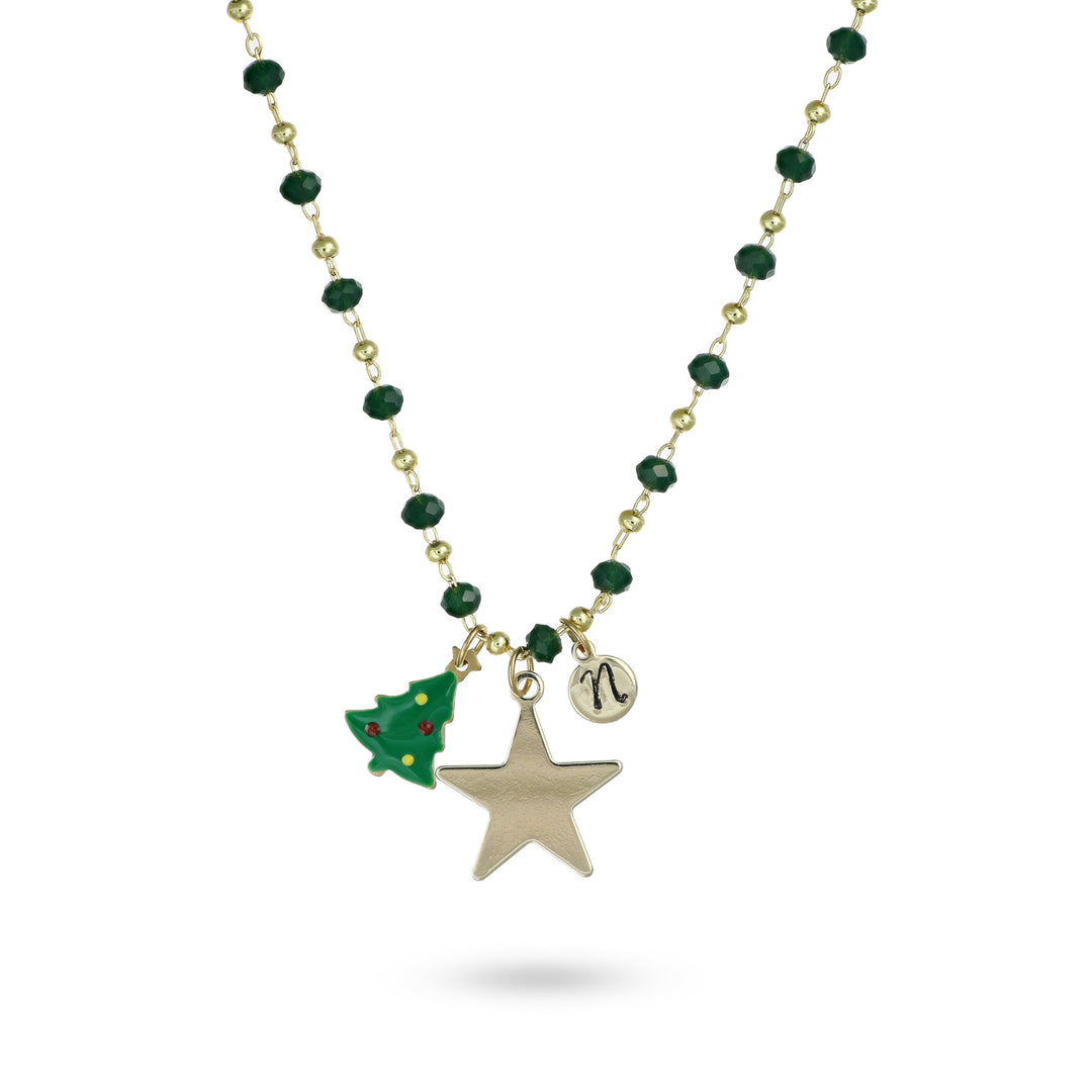 Collana alberello catena cristalli verde e iniziale in acciaio dorato