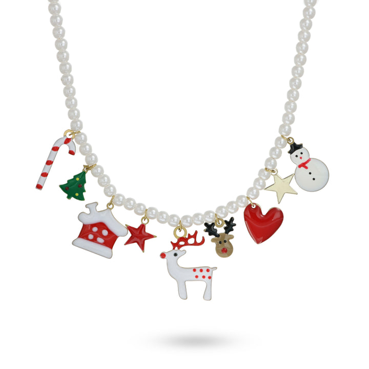 Collana bianco natale con perline swarovski in acciaio dorato