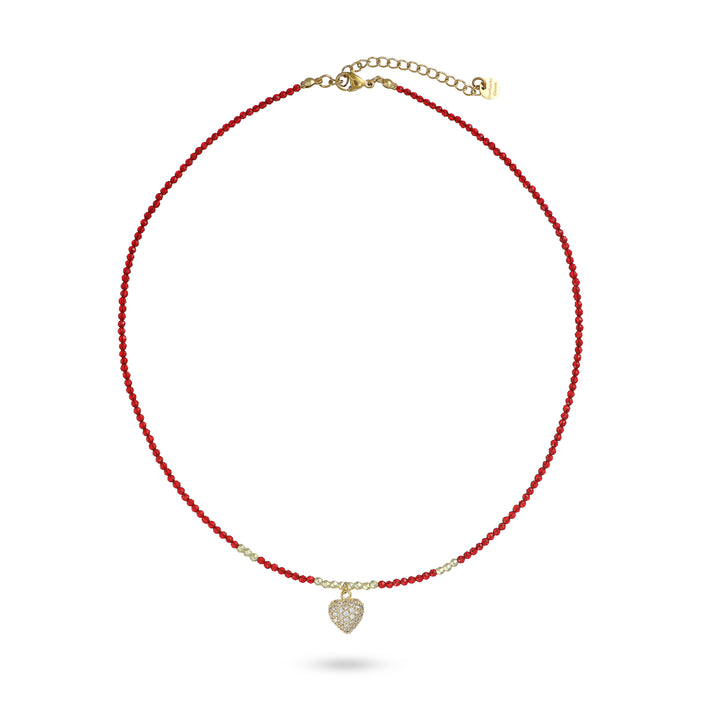 Collana con cristalli rosso e cuoricino zirconato in acciaio dorato