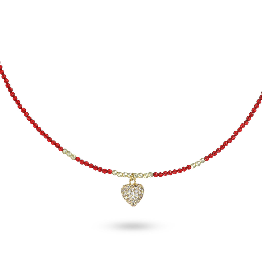 Collana con cristalli rosso e cuoricino zirconato in acciaio dorato