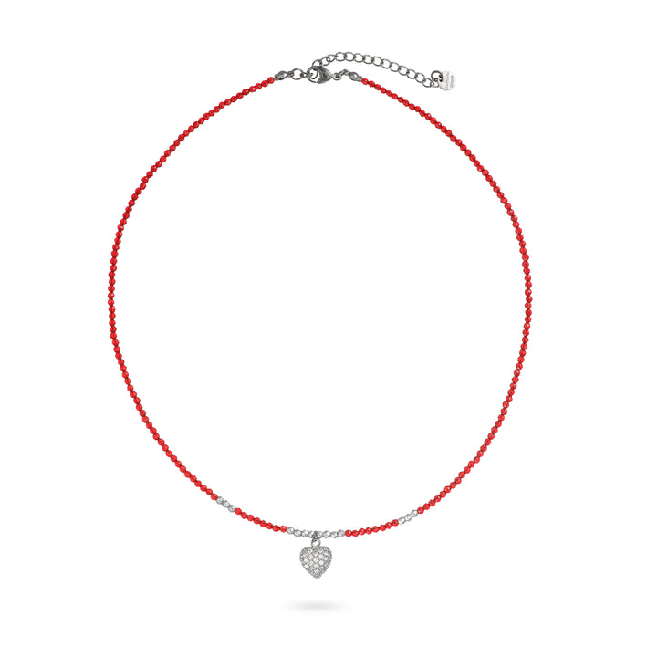 Collana con cristalli rosso e cuoricino zirconato in acciaio