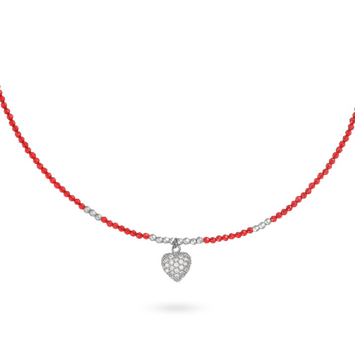 Collana con cristalli rosso e cuoricino zirconato in acciaio