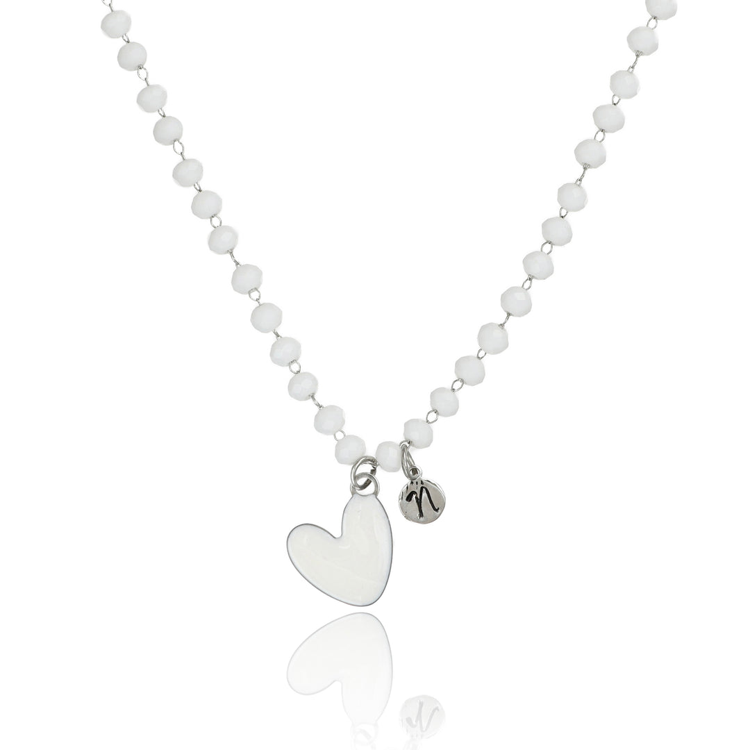Collana bianca con cuore bianco e iniziale in acciaio