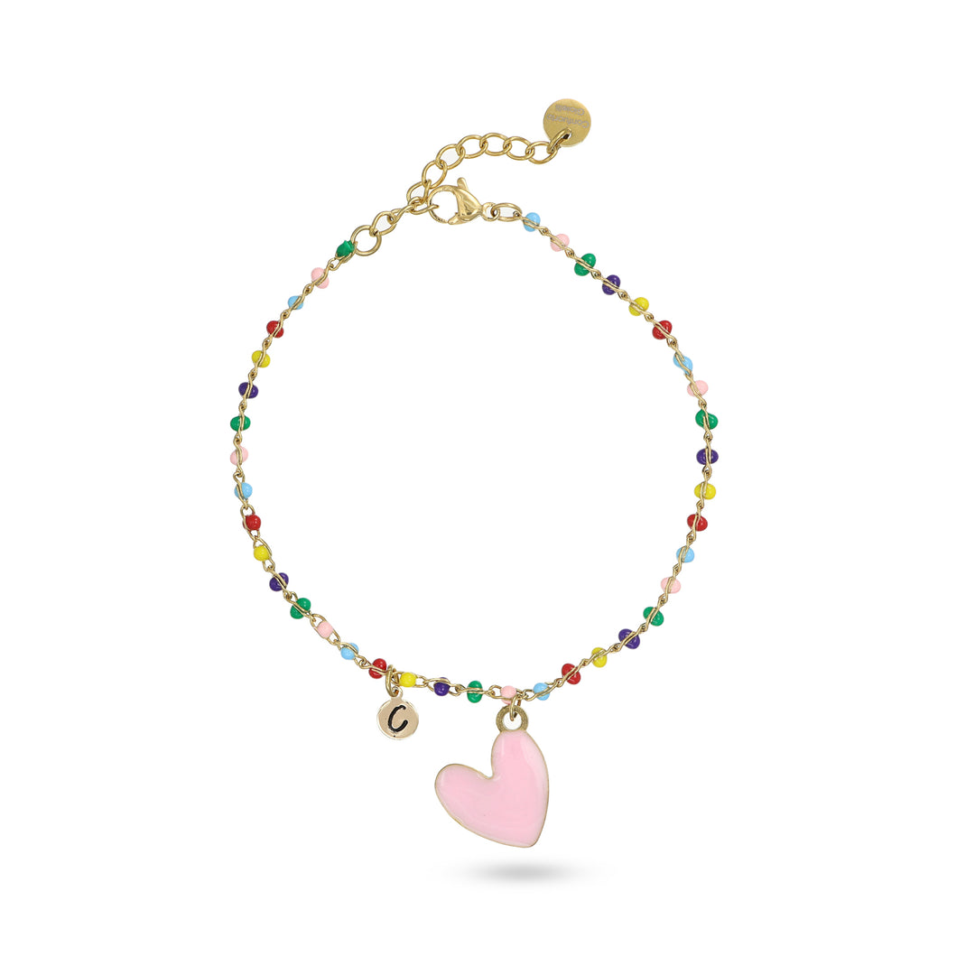 Bracciale catena multicolor con cuore rosa e iniziale in acciaio dorato