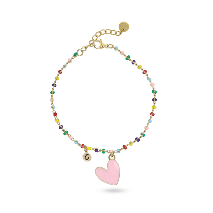 Bracciale catena multicolor con cuore rosa e iniziale in acciaio dorato