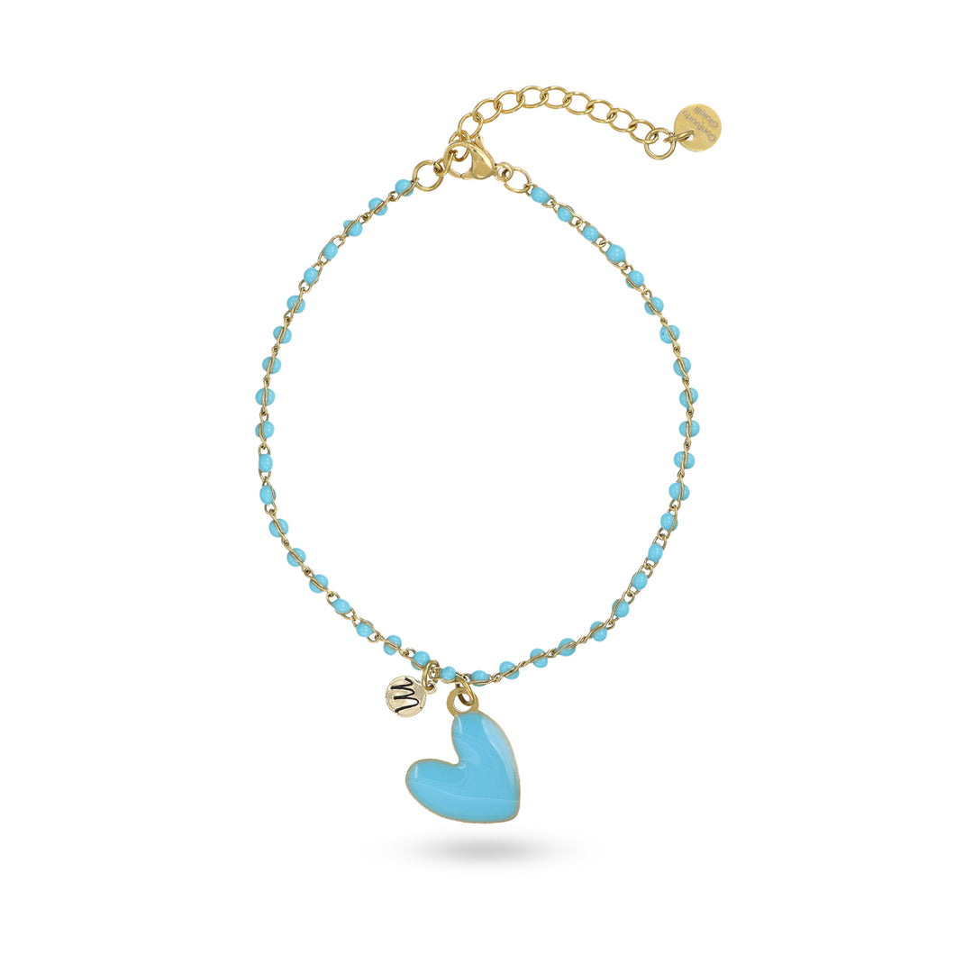 Bracciale catena azzurro con cuore azzurro e iniziale in acciaio dorato