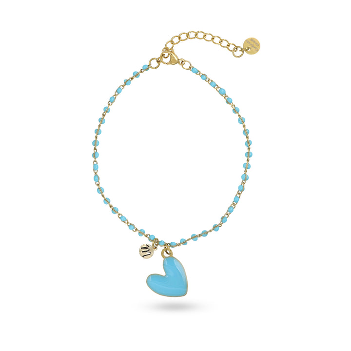 Bracciale catena azzurro con cuore azzurro e iniziale in acciaio dorato