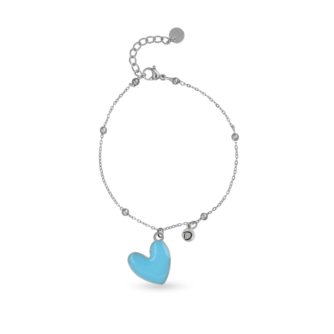 Bracciale con cuore azzurro e iniziale in acciaio