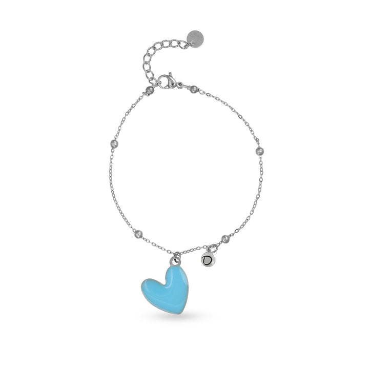 Bracciale con cuore azzurro e iniziale in acciaio