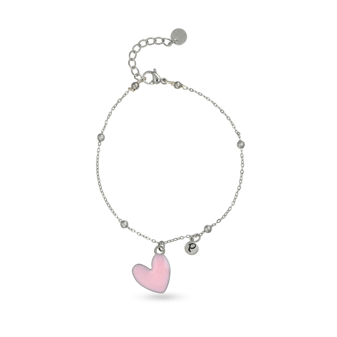 Bracciale con cuore rosa e iniziale in acciaio