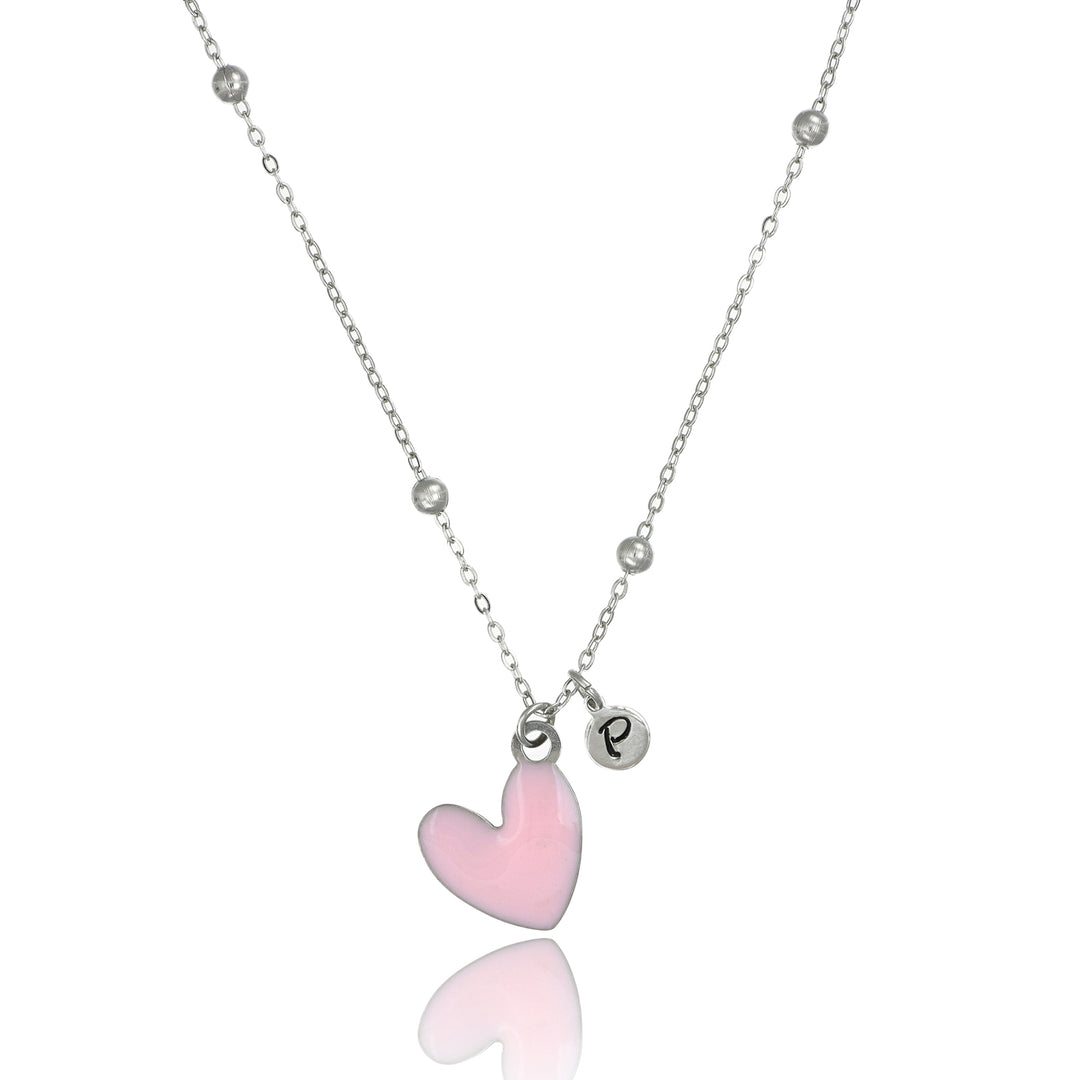 Collana con cuore rosa e iniziale in acciaio