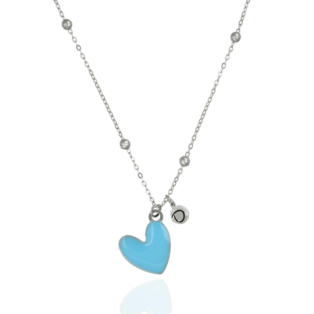Collana con cuore azzurro e iniziale in acciaio