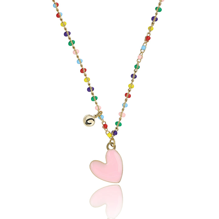 Collana catena multicolor con cuore rosa e iniziale in acciaio dorato