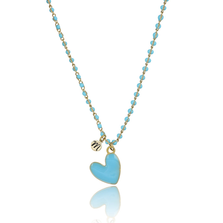 Collana catena azzurra con cuore azzurro e iniziale in acciaio dorato