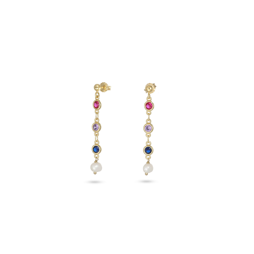 Orecchini con perle di fiume e cristalli multicolor con perno in argento 925‰ dorato