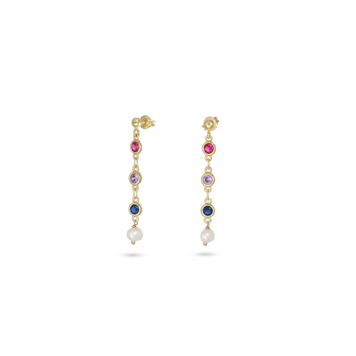 Orecchini con perle di fiume e cristalli multicolor con perno in argento 925‰ dorato