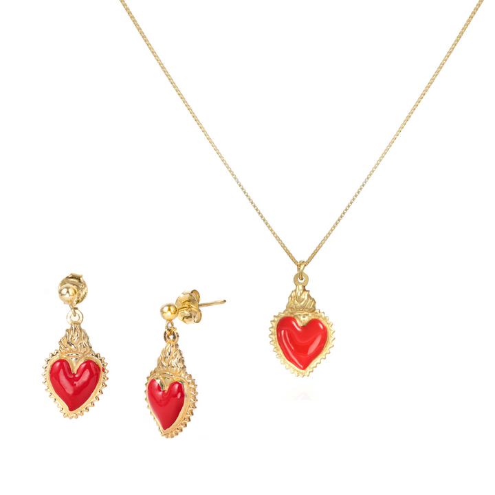 Completo collana e orecchini con cuore votivo in argento 925‰ dorato