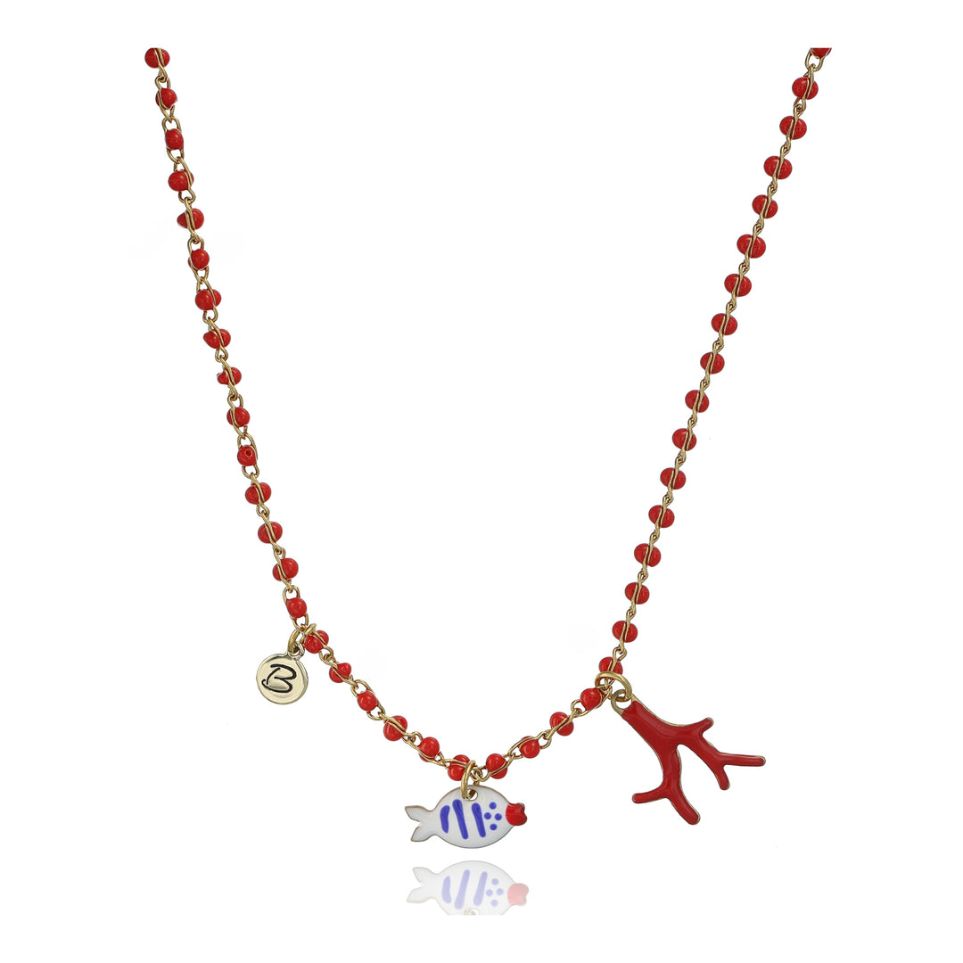 Collana mare blu con catena smaltata rossa e iniziale in acciaio dorato