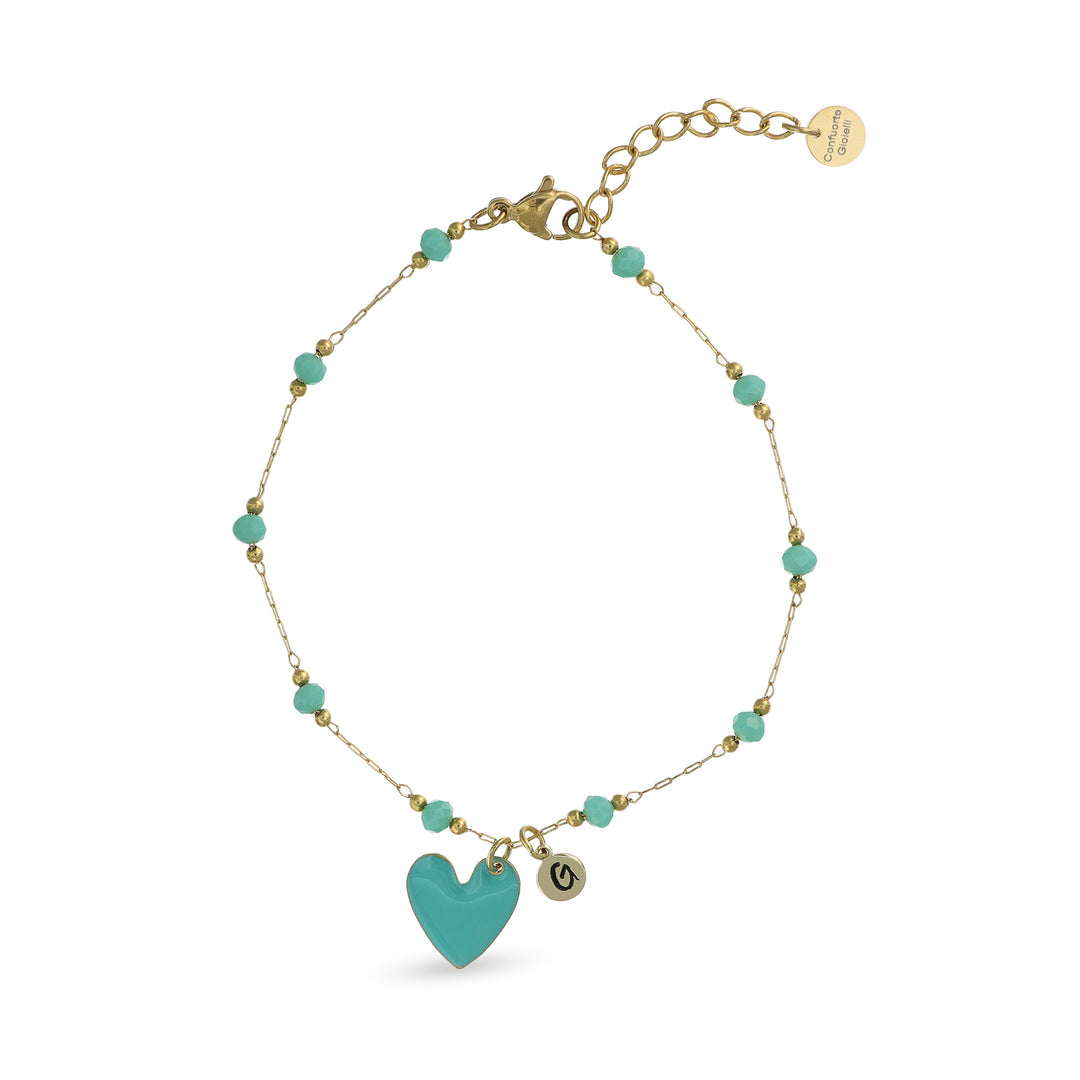 Bracciale turchese con cuore turchese e iniziale in acciaio dorato