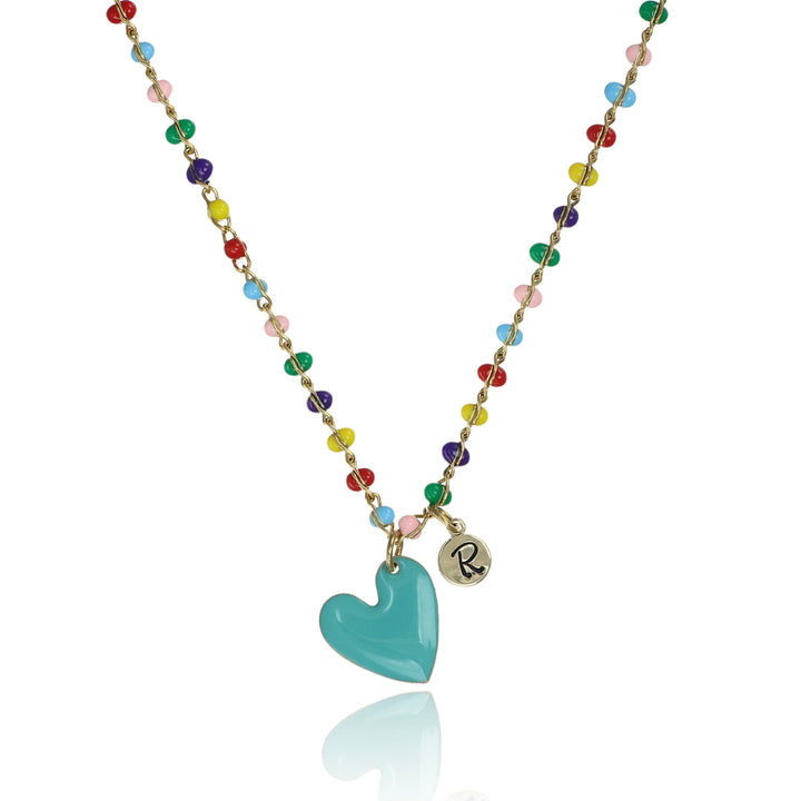 Collana multicolor con cuore turchese e iniziale in acciaio dorato