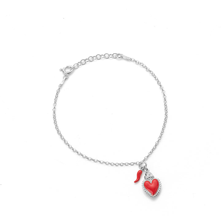 Bracciale con cuore votivo e corno portafortuna in argento 925%