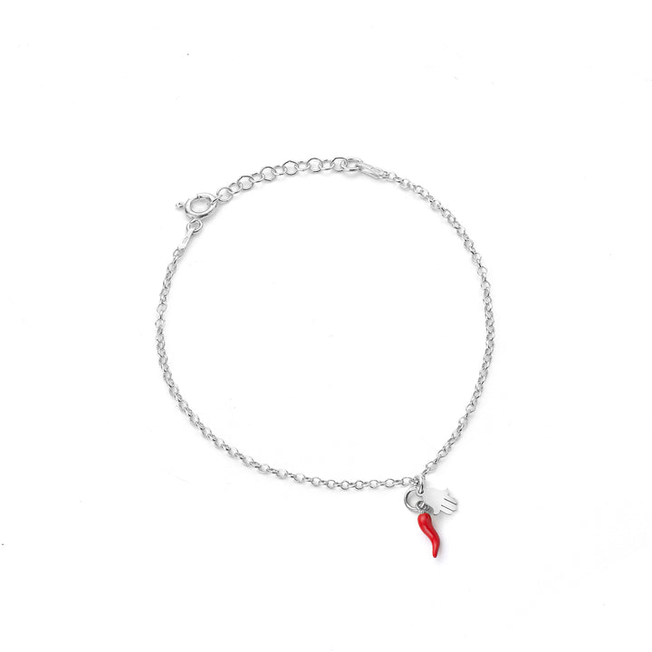 Bracciale in argento 92% con corno portafortuna e mano di fatima